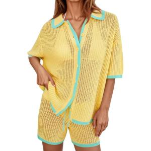 imageCicy Bell Womens Color Block 2 Piece Outfits Summer Sweater Set Short Sleeve Tops and Shorts Vacation Casual Knit Lounge SetsYellow
