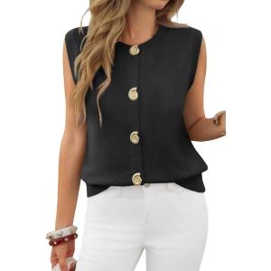 imageCicy Bell Womens Cropped Sweater Vest Round Neck Sleeveless Button Up Cardigan Casual Knit Tank TopsBlack