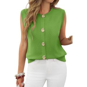 imageCicy Bell Womens Cropped Sweater Vest Round Neck Sleeveless Button Up Cardigan Casual Knit Tank TopsGreen