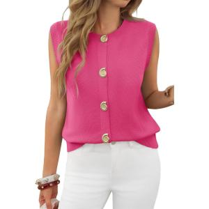 imageCicy Bell Womens Cropped Sweater Vest Round Neck Sleeveless Button Up Cardigan Casual Knit Tank TopsHot Pink