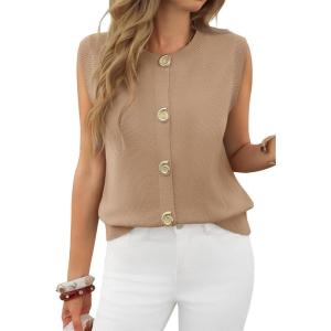 imageCicy Bell Womens Cropped Sweater Vest Round Neck Sleeveless Button Up Cardigan Casual Knit Tank TopsKhaki