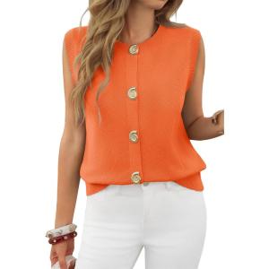 imageCicy Bell Womens Cropped Sweater Vest Round Neck Sleeveless Button Up Cardigan Casual Knit Tank TopsOrange