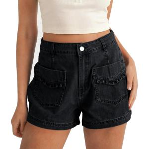 imageCicy Bell Womens High Waisted Jean Shorts Summer Baggy Wide Leg Vintage Denim Shorts with Ruffle Front PocketsBlack