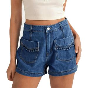 imageCicy Bell Womens High Waisted Jean Shorts Summer Baggy Wide Leg Vintage Denim Shorts with Ruffle Front PocketsBlue