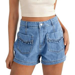 imageCicy Bell Womens High Waisted Jean Shorts Summer Baggy Wide Leg Vintage Denim Shorts with Ruffle Front PocketsLight Blue