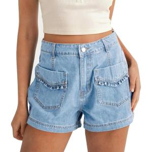 imageCicy Bell Womens High Waisted Jean Shorts Summer Baggy Wide Leg Vintage Denim Shorts with Ruffle Front PocketsPale Blue