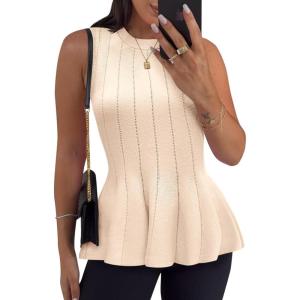imageCicy Bell Womens Pleated Peplum Tank Tops Fitted Ribbed Knit Crew Neck Blouses Summer Sweater VestBeige