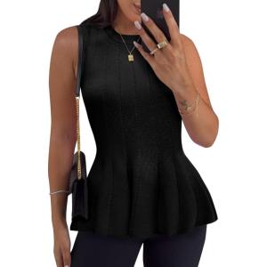 imageCicy Bell Womens Pleated Peplum Tank Tops Fitted Ribbed Knit Crew Neck Blouses Summer Sweater VestBlack