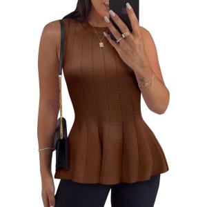 imageCicy Bell Womens Pleated Peplum Tank Tops Fitted Ribbed Knit Crew Neck Blouses Summer Sweater VestBrown