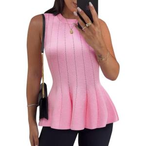 imageCicy Bell Womens Pleated Peplum Tank Tops Fitted Ribbed Knit Crew Neck Blouses Summer Sweater VestPink