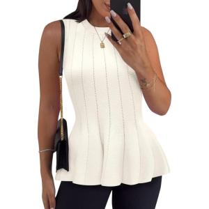 imageCicy Bell Womens Pleated Peplum Tank Tops Fitted Ribbed Knit Crew Neck Blouses Summer Sweater VestWhite