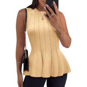 imageCicy Bell Womens Pleated Peplum Tank Tops Fitted Ribbed Knit Crew Neck Blouses Summer Sweater VestYellow