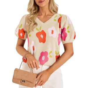imageCicy Bell Womens Puff Short Sleeve Sweater Tops 2026 Spring Summer Floral Pullover V Neck Casual Knit T ShirtsBeige