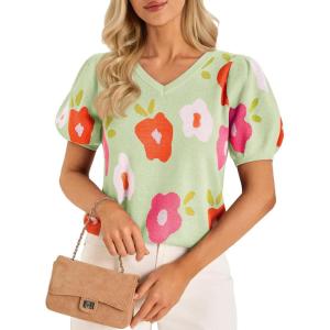 imageCicy Bell Womens Puff Short Sleeve Sweater Tops 2026 Spring Summer Floral Pullover V Neck Casual Knit T ShirtsLight Green