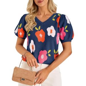 imageCicy Bell Womens Puff Short Sleeve Sweater Tops 2026 Spring Summer Floral Pullover V Neck Casual Knit T ShirtsNavy
