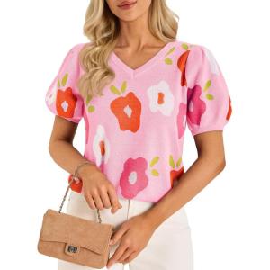 imageCicy Bell Womens Puff Short Sleeve Sweater Tops 2026 Spring Summer Floral Pullover V Neck Casual Knit T ShirtsPink