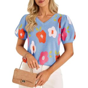 imageCicy Bell Womens Puff Short Sleeve Sweater Tops 2026 Spring Summer Floral Pullover V Neck Casual Knit T ShirtsSky Blue