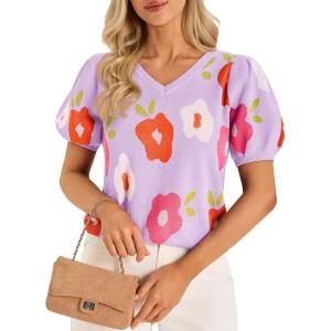 imageCicy Bell Womens Puff Short Sleeve Sweater Tops 2026 Spring Summer Floral Pullover V Neck Casual Knit T ShirtsViolet