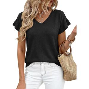 imageCicy Bell Womens Ruffle Short Sleeve Sweater Summer Lightweight V Neck Knit TShirts Trendy Casual Pullover TopsBlack