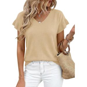 imageCicy Bell Womens Ruffle Short Sleeve Sweater Summer Lightweight V Neck Knit TShirts Trendy Casual Pullover TopsKhaki