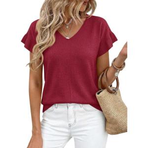 imageCicy Bell Womens Ruffle Short Sleeve Sweater Summer Lightweight V Neck Knit TShirts Trendy Casual Pullover TopsWine Red