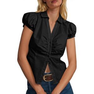 imageCicy Bell Womens Short Puff Sleeve Button Down Shirts Summer V Neck Ruched Cotton Tops Casual Dressy Slim Fit BlousesBlack