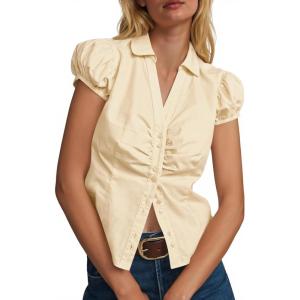 imageCicy Bell Womens Short Puff Sleeve Button Down Shirts Summer V Neck Ruched Cotton Tops Casual Dressy Slim Fit BlousesLight Khaki