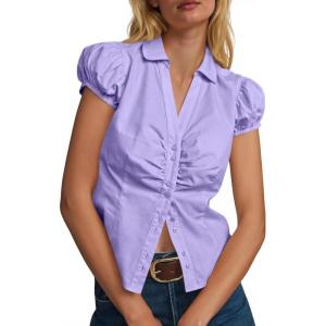 imageCicy Bell Womens Short Puff Sleeve Button Down Shirts Summer V Neck Ruched Cotton Tops Casual Dressy Slim Fit BlousesLight Purple