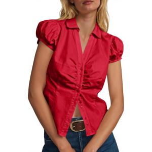 imageCicy Bell Womens Short Puff Sleeve Button Down Shirts Summer V Neck Ruched Cotton Tops Casual Dressy Slim Fit BlousesRed