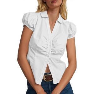 imageCicy Bell Womens Short Puff Sleeve Button Down Shirts Summer V Neck Ruched Cotton Tops Casual Dressy Slim Fit BlousesWhite