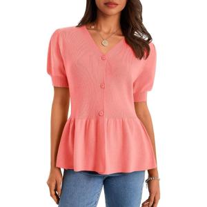imageCicy Bell Womens Short Puff Sleeve Sweater Cardigan V Neck Summer Button Down Sweaters Peplum Cute Knit Babydoll TopsCoral