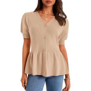 imageCicy Bell Womens Short Puff Sleeve Sweater Cardigan V Neck Summer Button Down Sweaters Peplum Cute Knit Babydoll TopsKhaki