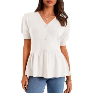 imageCicy Bell Womens Short Puff Sleeve Sweater Cardigan V Neck Summer Button Down Sweaters Peplum Cute Knit Babydoll TopsWhite