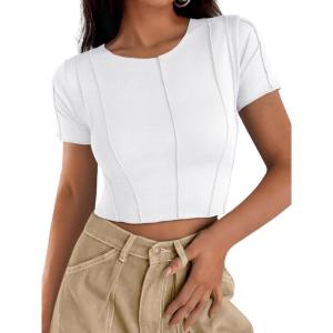 imageCicy Bell Womens Short Sleeve Crop Tops Summer Fitted Ribbed Knit Tee Shirts Trendy Casual Y2k Going Out ShirtsWhite