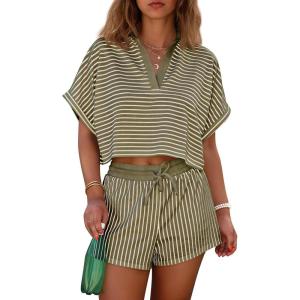 imageCicy Bell Womens Striped 2 Piece Short Sets Summer Short Sleeve Collared V Neck Cropped Tops Vacation Casual Lounge OutfitsArmy Green