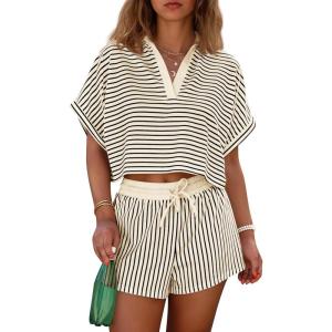 imageCicy Bell Womens Striped 2 Piece Short Sets Summer Short Sleeve Collared V Neck Cropped Tops Vacation Casual Lounge OutfitsBeige