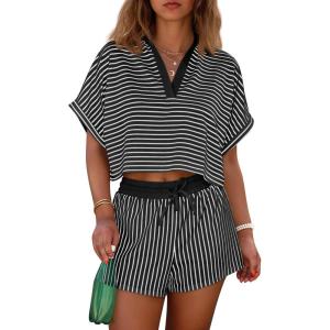 imageCicy Bell Womens Striped 2 Piece Short Sets Summer Short Sleeve Collared V Neck Cropped Tops Vacation Casual Lounge OutfitsBlack