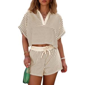 imageCicy Bell Womens Striped 2 Piece Short Sets Summer Short Sleeve Collared V Neck Cropped Tops Vacation Casual Lounge OutfitsBrown