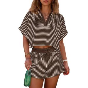 imageCicy Bell Womens Striped 2 Piece Short Sets Summer Short Sleeve Collared V Neck Cropped Tops Vacation Casual Lounge OutfitsCoffee