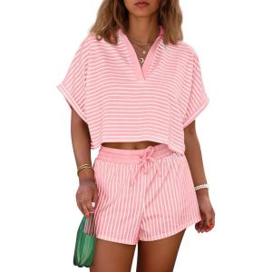 imageCicy Bell Womens Striped 2 Piece Short Sets Summer Short Sleeve Collared V Neck Cropped Tops Vacation Casual Lounge OutfitsPink