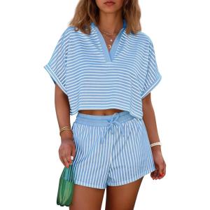 imageCicy Bell Womens Striped 2 Piece Short Sets Summer Short Sleeve Collared V Neck Cropped Tops Vacation Casual Lounge OutfitsSky Blue