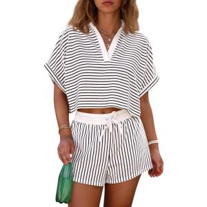 imageCicy Bell Womens Striped 2 Piece Short Sets Summer Short Sleeve Collared V Neck Cropped Tops Vacation Casual Lounge OutfitsWhite