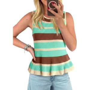 imageCicy Bell Womens Striped Sweater Vest Summer Casual Sleeveless Ruffle Knit Tank Tops Crew Neck Lightweight ShirtsCyanblue