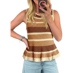 imageCicy Bell Womens Striped Sweater Vest Summer Casual Sleeveless Ruffle Knit Tank Tops Crew Neck Lightweight ShirtsKhaki