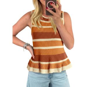 imageCicy Bell Womens Striped Sweater Vest Summer Casual Sleeveless Ruffle Knit Tank Tops Crew Neck Lightweight ShirtsMustard