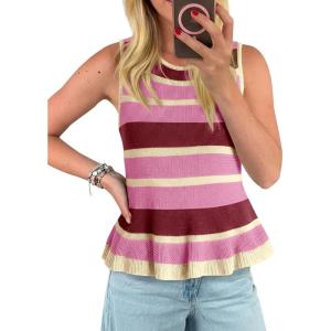 imageCicy Bell Womens Striped Sweater Vest Summer Casual Sleeveless Ruffle Knit Tank Tops Crew Neck Lightweight ShirtsPink