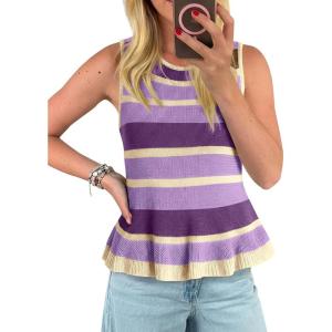 imageCicy Bell Womens Striped Sweater Vest Summer Casual Sleeveless Ruffle Knit Tank Tops Crew Neck Lightweight ShirtsPurple