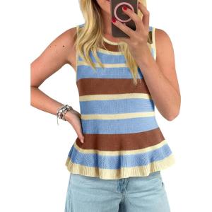 imageCicy Bell Womens Striped Sweater Vest Summer Casual Sleeveless Ruffle Knit Tank Tops Crew Neck Lightweight ShirtsSky Blue