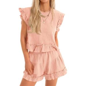 imageCicy Bell Womens Summer 2 Piece Sets Ruffle Cap Sleeve Crewneck Cropped Tops Elastic Waist Shorts 2026 Lounge OutfitsPink
