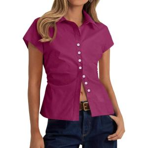 imageCicy Bell Womens Summer Button Down Shirts Short Sleeve Slim Fit Ruched Cotton Blouses Cute Going Out TopsFuchsia